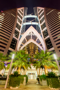 Dramatic view of Bahrain World Trade Center buildings