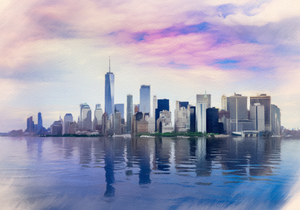 Pastel digital painting of panorama of Manhattan with calm water