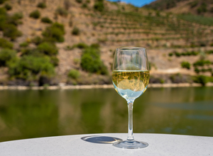 Glass of white wine by Douro river in Portugal
