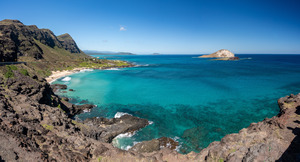 Coastline of East Oahu over Makapuu Beach with Rabbit island