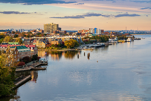 Waterfront of city of Alexandria in Virginia at sunset