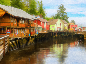 Painting of Creek Street wharf in Ketchikan Alaska
