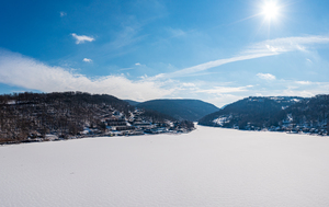 Aerial panorama of the frozen Cheat Lake Morgantown WV looking 