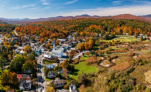 Aerial view of the town of Stowe in the fall