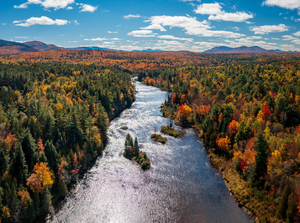 Saranac river flows through multi-colored fall landscape in Adir