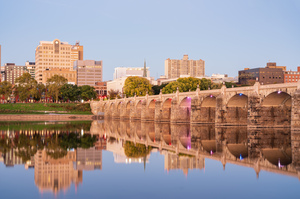 Reflections of Market Street bridge in the Susquehanna river