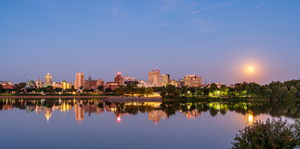Harvest moon above the city skyline of Harrisburg in Pennsylvani