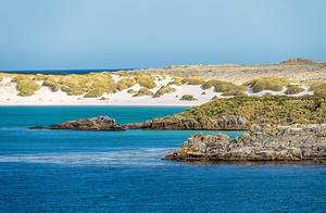 White sandy beaches near Port Stanley on Falkland Islands on sun