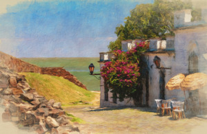 Oil painting of cobbled street in Colonia del Sacramento