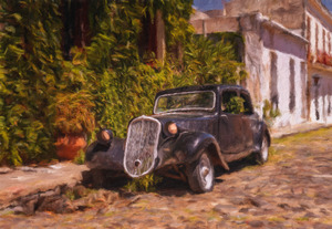 Oil painting of old car in Colonia del Sacramento
