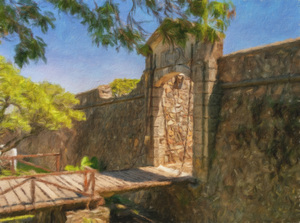 Oil painting of gate in town walls in Colonia del Sacramento