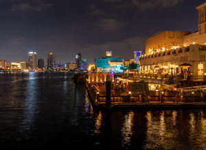 The Creek by Bur Dubai and Al Seef at night with waterfront rest
