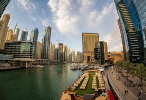 Fisheye view of cruise restaurant docked at Dubai Marina