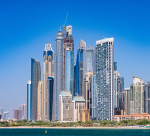 Skyline of hotels and apartments in JBR Beach above the beach