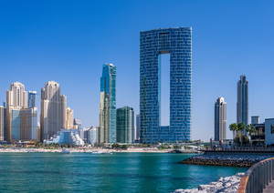 Skyline of hotels and apartments in JBR Beach from Bluewaters is