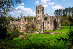 Springtime at Fountains Abbey ruins in Yorkshire England
