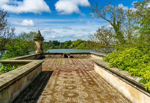 Old stone railway viaduct over River Nidd in Knaresborough