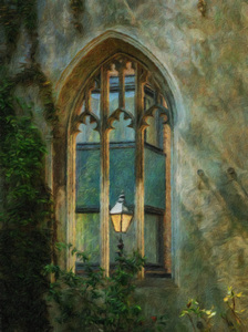 Oil painting of street light seen at St Dunstan church