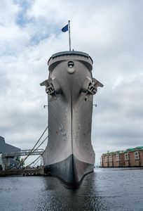 Prow of the USS Wisconsin warship docked in Norfolk Virginia