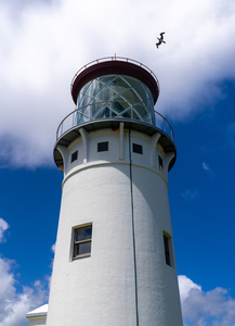 Detail of Kilauae lighthouse against blue sky on Kauai