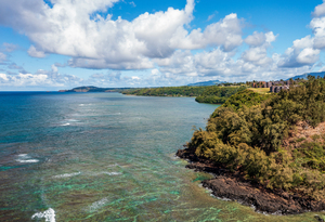 Aerial view of Princeville coastline on Kauai