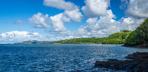 Panoramic view of Princeville coastline on Kauai
