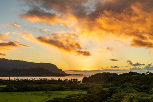 Sunset over Hanalei bay from overlook on the road
