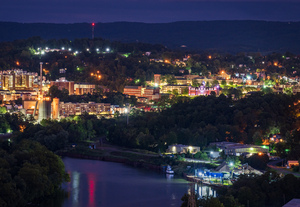 Downtown campus of West Virginia university at nightfall