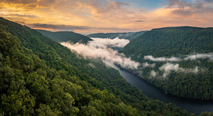 Mist swirling over Cheat River gorge at sunrise near Morgantown 