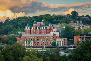 Brooks Hall and Woodburn Hall at dusk in Morgantown WV