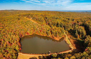 Aerial fall leaves around Coopers Rock reservoir in WV
