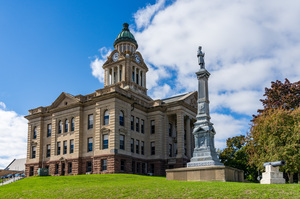 Facade and clock tower of Winneshiek County Courthouse Decorah
