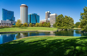 Offices and cityscape of St Louis Missouri seen from lake