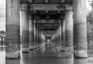 Supporting pillars of I-10 bridge above Atchafalaya basin in Lou