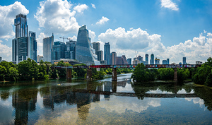 Cityscape of Austin Texas and Mopac railroad bridge by Lady Bird