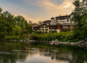Hotel at dawn by River Wenatchee in Alpine German town of Leaven