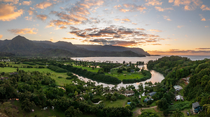 Panoramic aerial view of sunset over Hanalei Bay