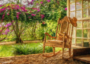 Oil painting of vintage wooden rocking chair with a straw hat re