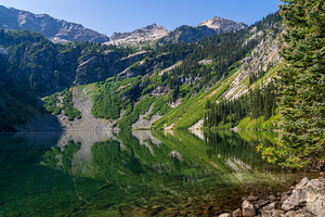 Mirror image reflection of Rainy Lake in North Cascades National
