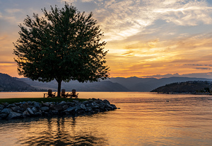 Sunset over Lake Chelan with silhouette of tree and chairs for r