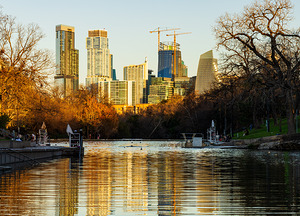 Cityscape of downtown Austin from Barton Springs Pool on New Yea