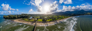 Aerial drone shot of Hanalei bay from over the pier