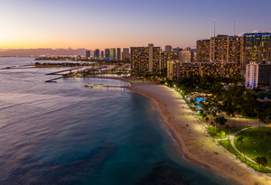 Aerial view of Waikiki beach at sunset