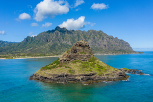 Aerial view of chinamans hat by Kualoa  regional park