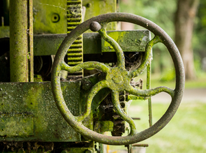 Moss covered farm machinery with handle