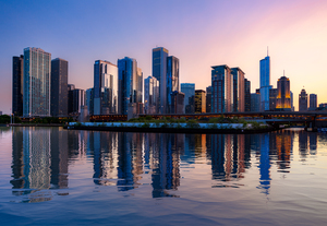 Reflection of Chicago Skyline at sunset from Navy Pier