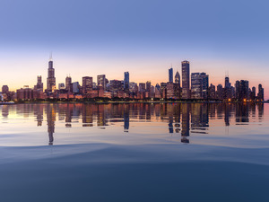 Sunset over city skyline Chicago from Observatory