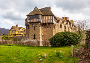Stokesay Castle in Shropshire on cloudy day