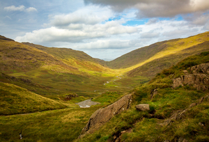 View through moorland valley from HardKnott Pass