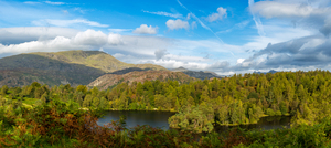 Panorama of Tarn Hows in English Lake District